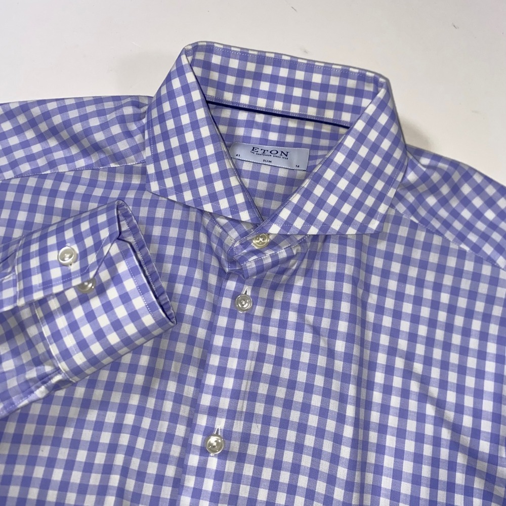 Eton Mens Slim Fit Gingham Dress Shirt Purple White Spread Collar 41 16 L